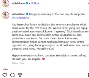 Read more about the article Vidi Aldiano Ungkap Rasa Syukur di Ultah Pernikahan Ke-4, Balasan Sheila Dara Justru Bikin Ketawa