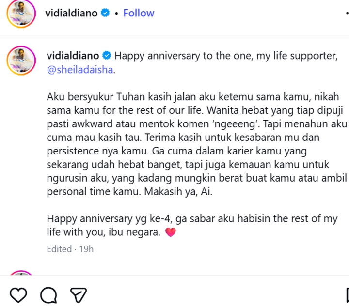 Read more about the article Vidi Aldiano Ungkap Rasa Syukur di Ultah Pernikahan Ke-4, Balasan Sheila Dara Justru Bikin Ketawa